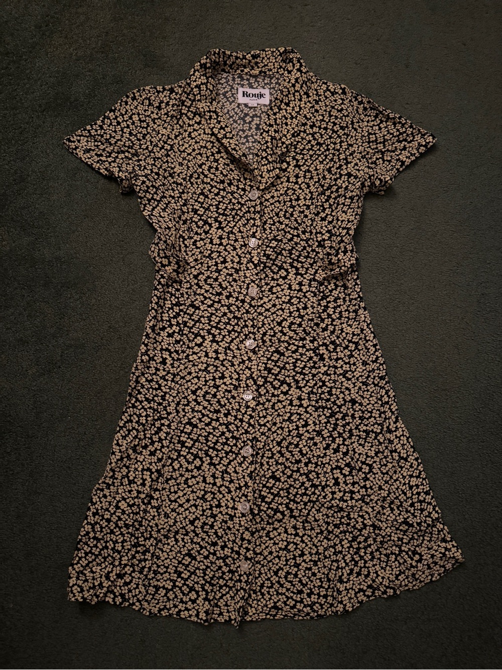 Rouje Paris Short Sleeve Blue Yellow Floral Marin Shirt Dress - Size 34 XS Retro